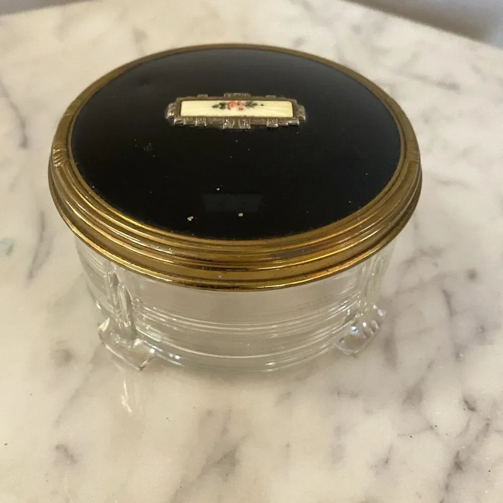 Vintage Art Deco Glass Bottomed Dresser Jar Box Trinket Pink Rose Black Lid